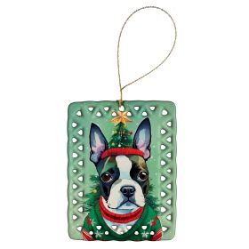 Boston Terrier Christmas Porcelain Ornament Christmas Tree Hanging Decorations for Home Christmas Holiday, Rectangle, Gift, Multicolor