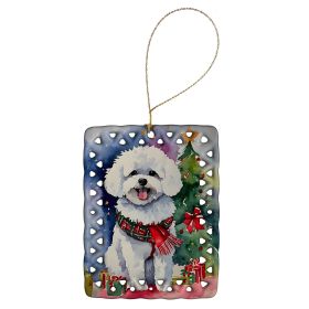 Bichon Frise Christmas Porcelain Ornament Christmas Tree Hanging Decorations for Home Christmas Holiday, Rectangle, Gift, Multicolor