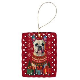 White Boxer Cropped Ears Holiday Christmas Porcelain Ornament Christmas Tree Hanging Decorations for Home Christmas Holiday, Rectangle, Gift