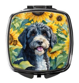 Portuguese Water Dog in Sunflowers Compact Mirror Decorative Travel Makeup Mirror for Women Girls Gifts Pocket Makeup Mirror Folding Handheld